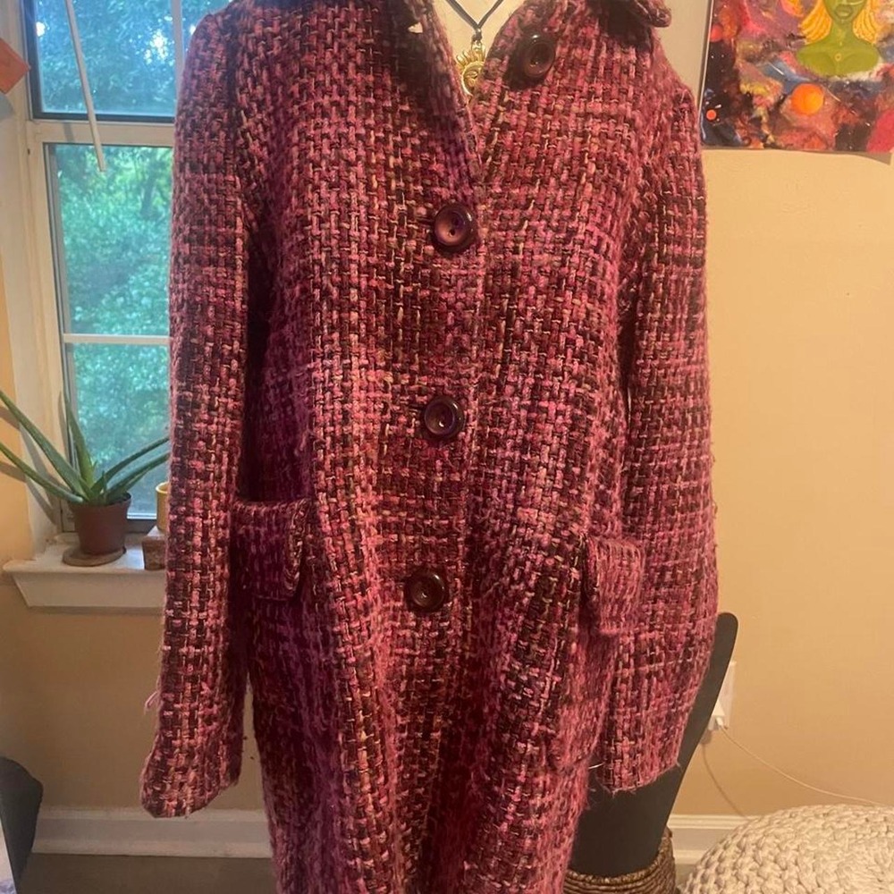 Banana Republic burgundy and black tweed coat with a boho vibe, size L Preppy